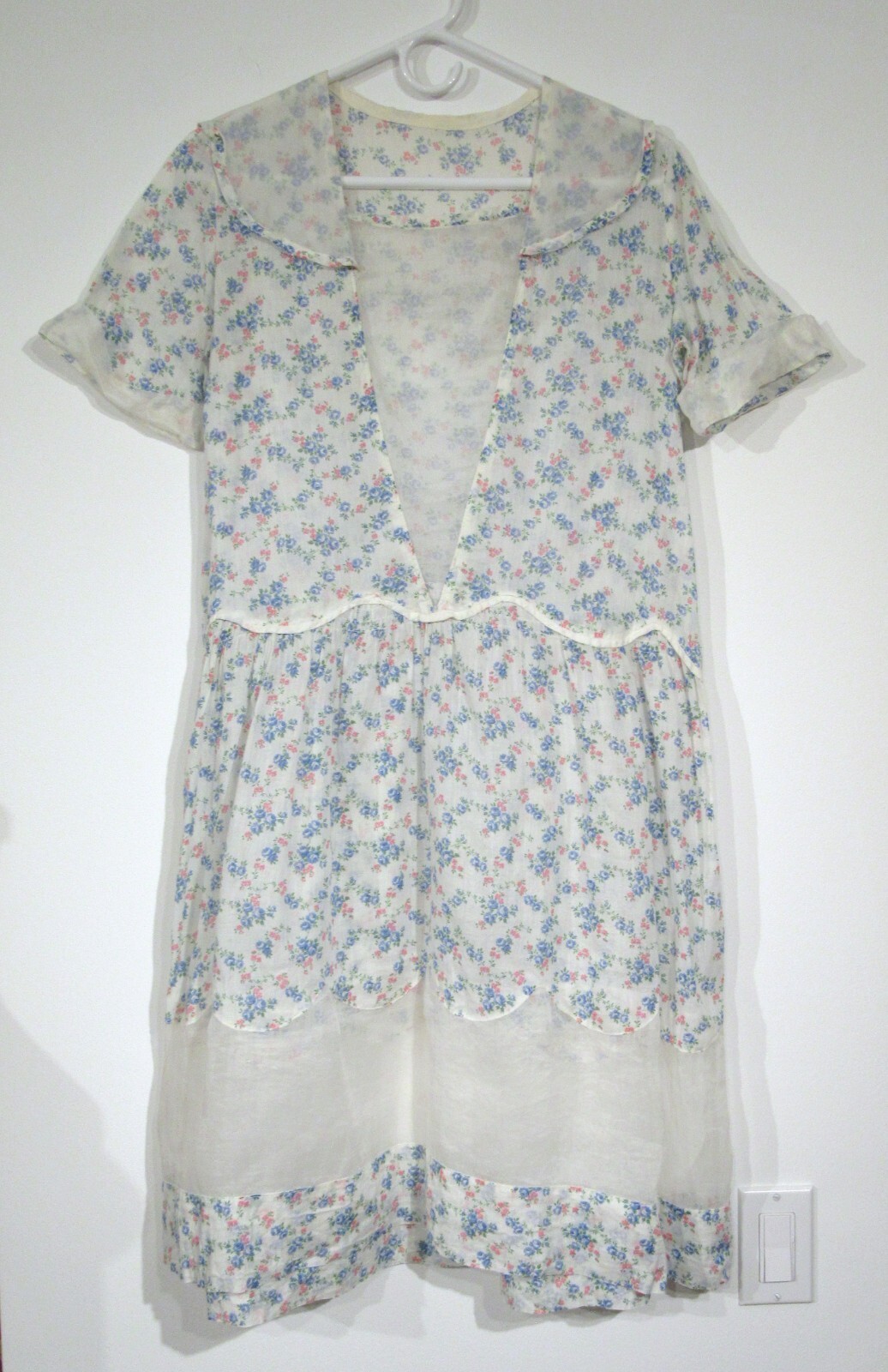 ANTIQUE VINTAGE DAY DRESS 1920S DROP WAIST COTTON FLORAL ORGANDY ART DECO M F4