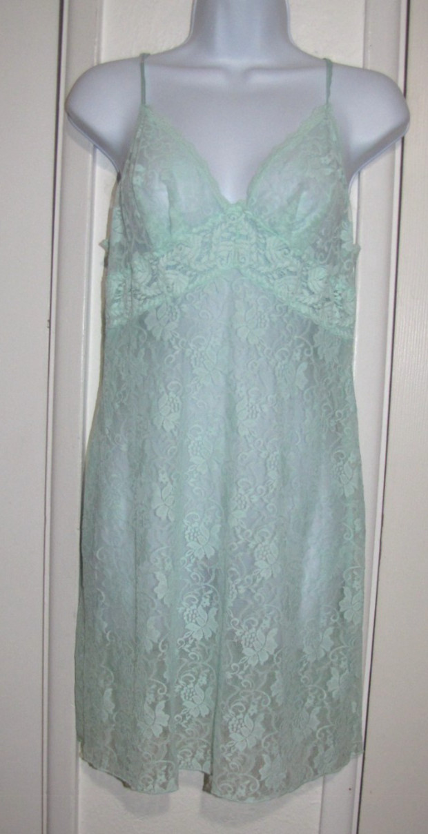 VTG. Cinema Etoile Aqua Nylon Lace Sheer Short Nightie Nightgown Women M/L