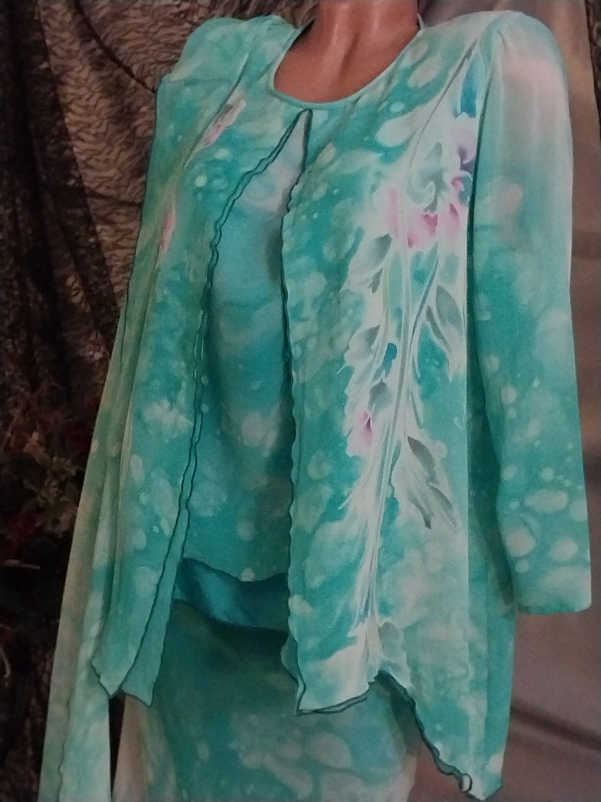 VTG SILK YOLANDA LORENTE HAND PAINTED FLORAL seafoam LAYERS SKIRT BLOUSE L 44