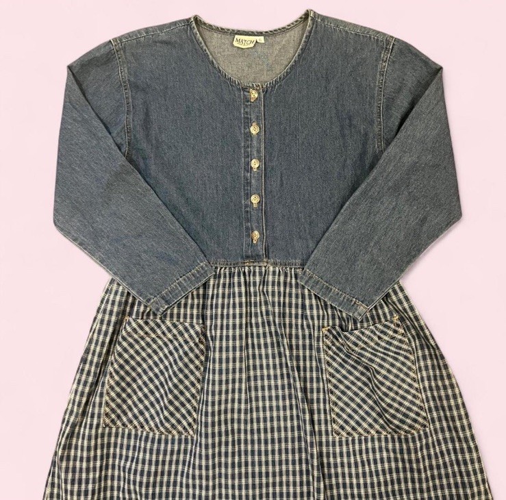 Vintage Denim Gingham Patchwork Maxi Dress Blue Cottagecore 90s