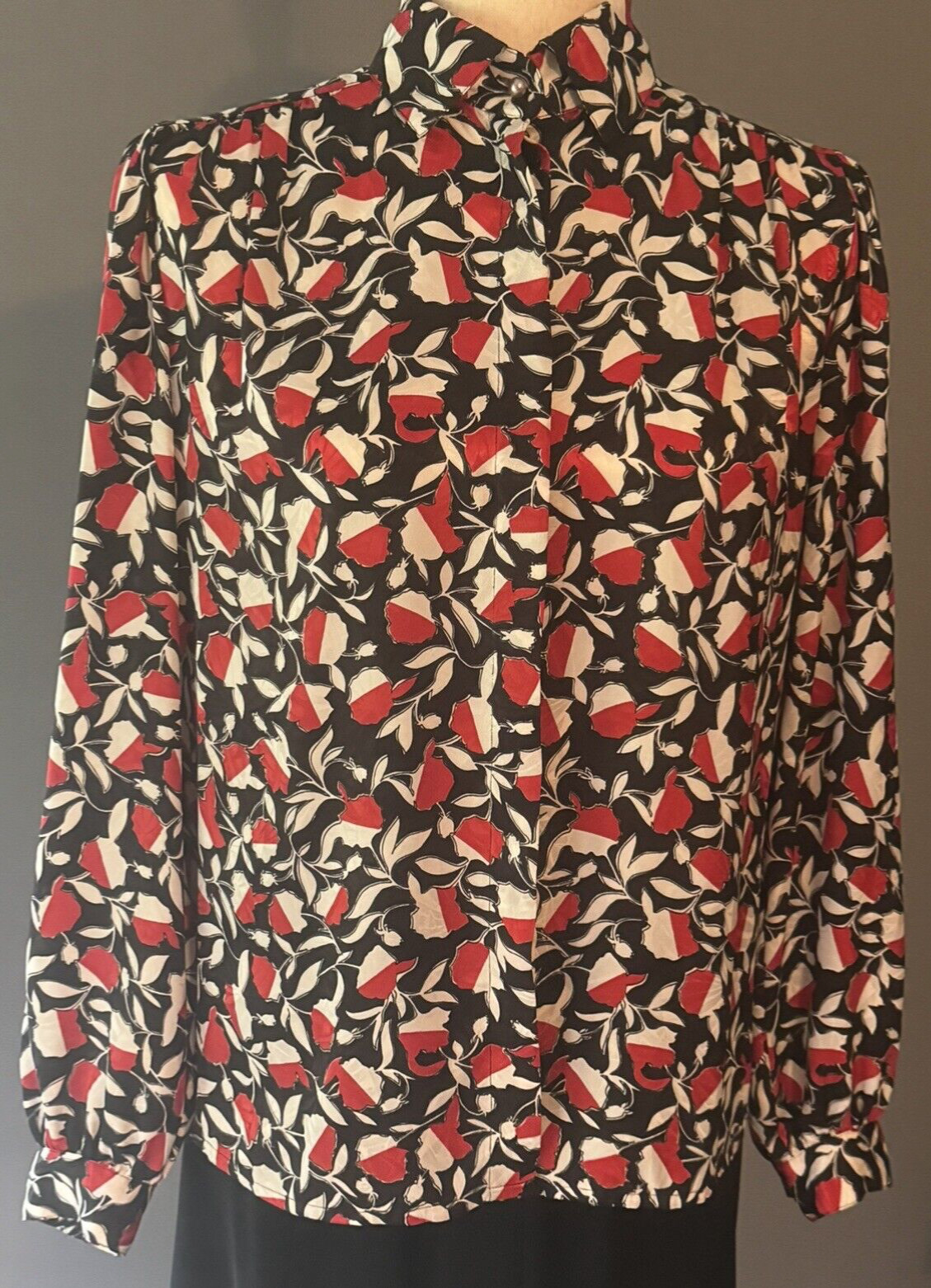 Lloyd Williams Vintage Blouse Black Red White Satin Polyester Size 4