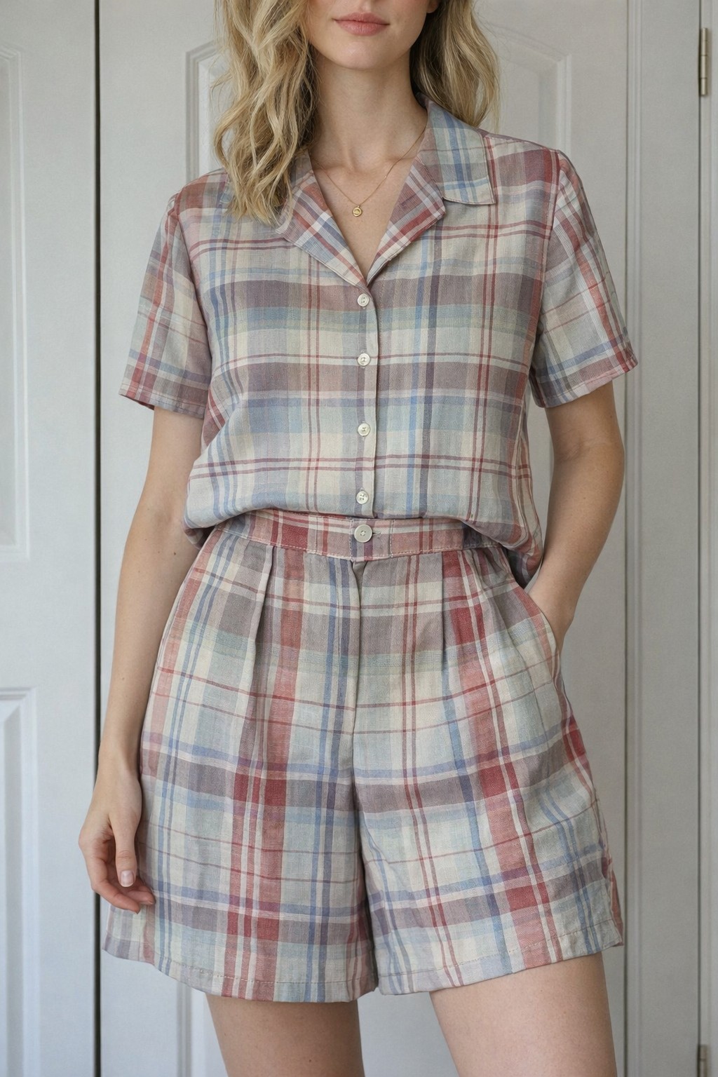Vintage 90s Koret Plaid 2 Piece Matching Set Women Blouse Culotte Shorts Country