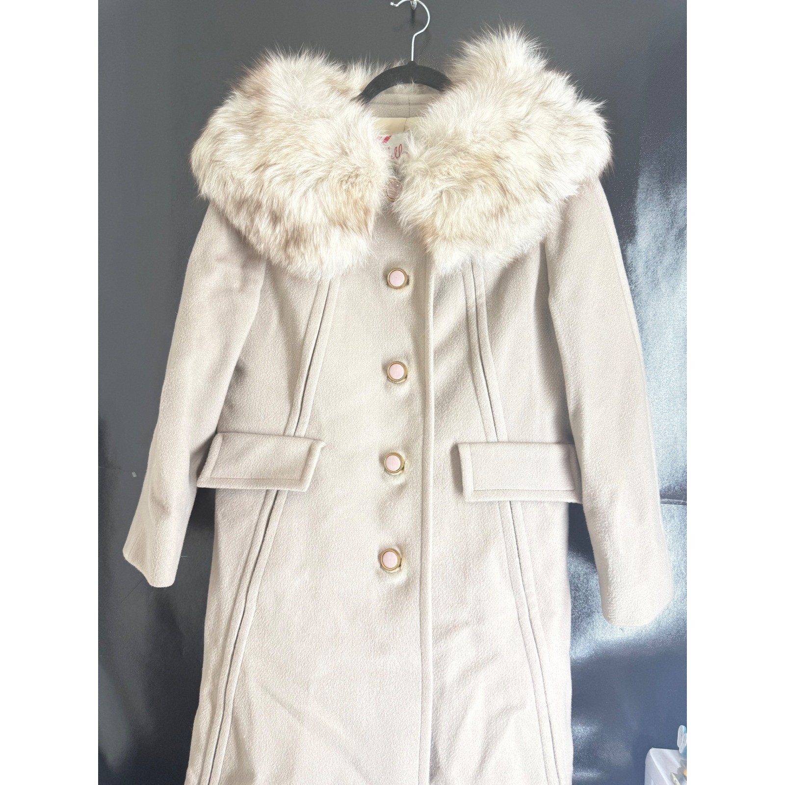 Vintage Wellesley Stevens Forstmann Wool Coat Faux Fur Collar Beige Long Jacket