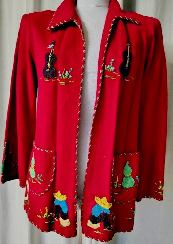 Vtg &rsquo;50s « La Mexicana » Mexican Tourist Felt Jacket Mariachi Dancers Guitars 36