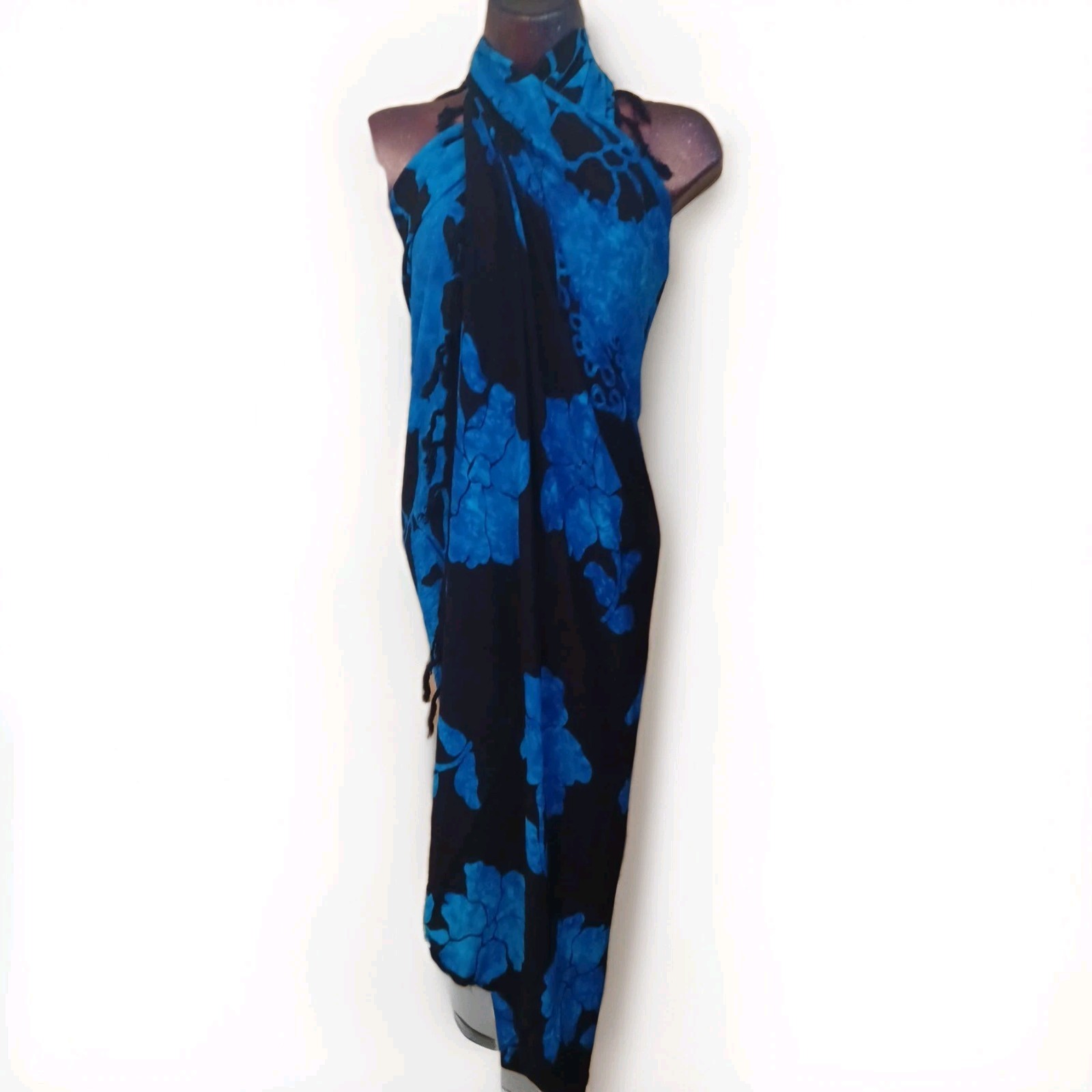 Vintage Black Blue Sarong Hawaiian Beach Floral Wrap Cover Up Duster Dress 61×71