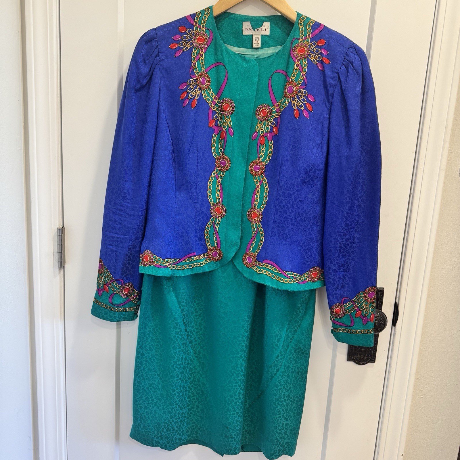 Adrianna Papell 100% Silk Skirt Suit Set Blue Green Size 14 & 10