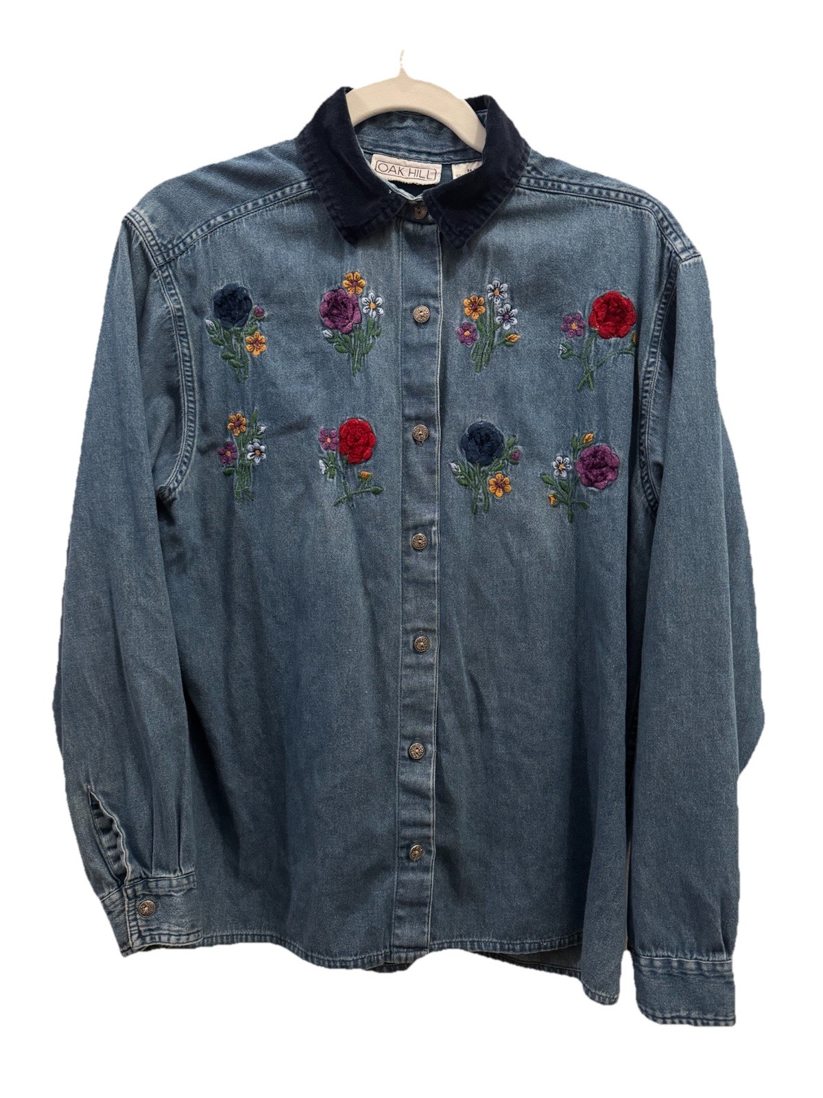 Vintage Oak Hill Denim Button-Down whimsical with Embroidered fairy print – Blue