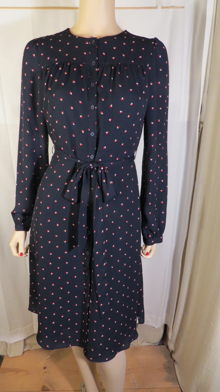 Vintage 80&rsquo;s Black w/Red/White Hearts Shirtwaist Dress by Banana Republic Sz 4