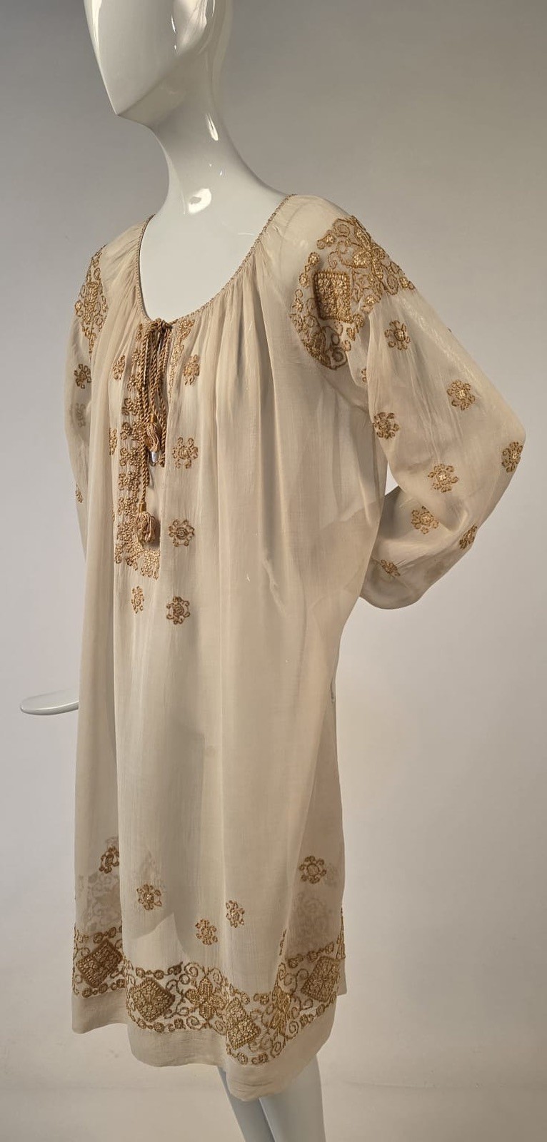 FLAPPER 1920’S HAND EMBROIDERED MUSLIN DRESS W TASSEL TRIMMED CORD FRONT