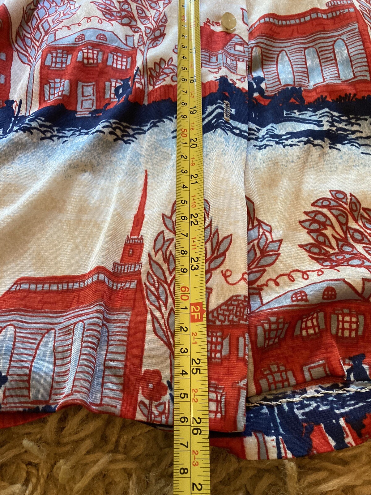 Vintage Graff California Wear Polyester Button Up Blouse Red Blue Houses Sm/Med