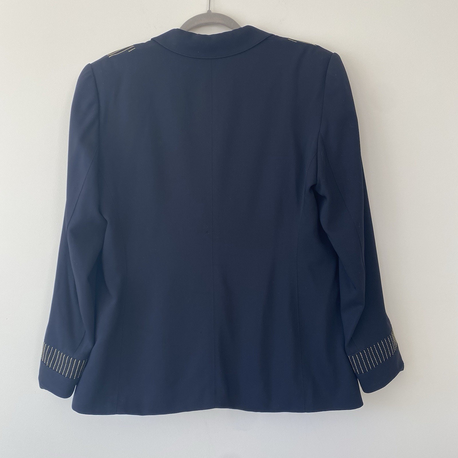 Escada Margaretha Ley VTG Iridescent Logo Buttons Gold Thread Blue Blazer 42/L