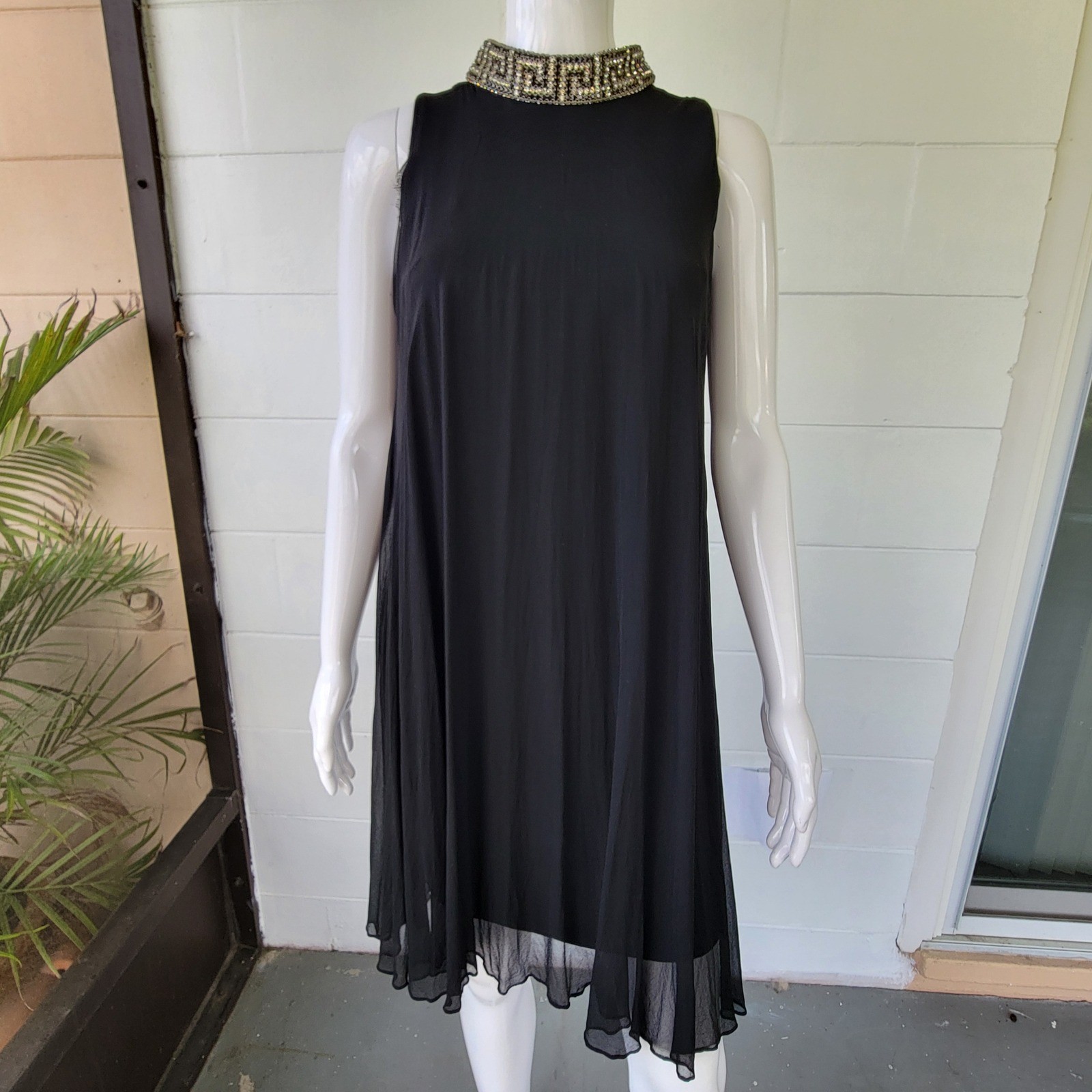 VTG 60s Tee-ca New York Dress Black Women&rsquo;s XS Mod Beaded Greek Key Cocktail