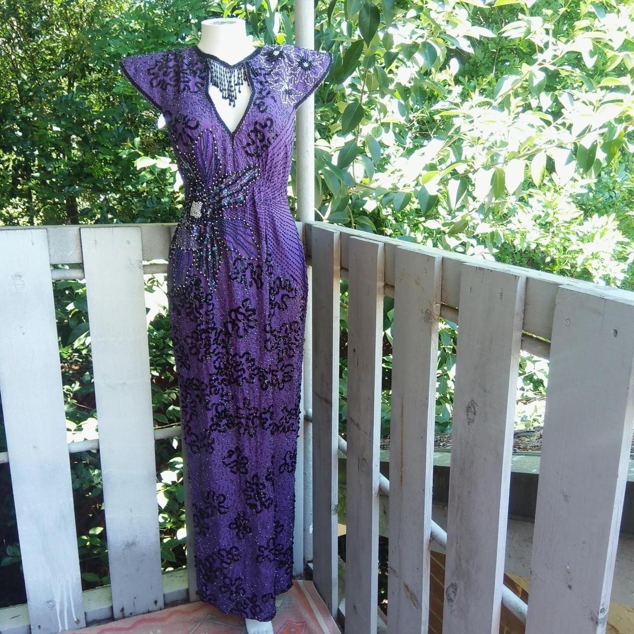 Vintage 80s Sequin Beaded Silk Purple Evening Dress Gown