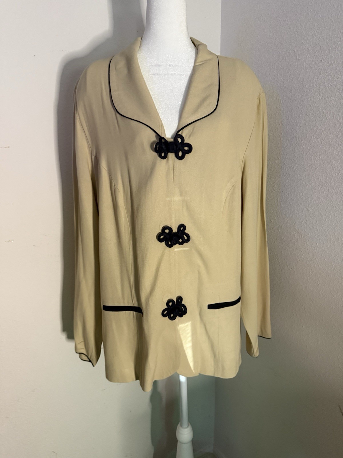 Vintage Studio C Blazer Jacket 2X Plus Beige Black Frog Closures 80s 90s 18W 20W