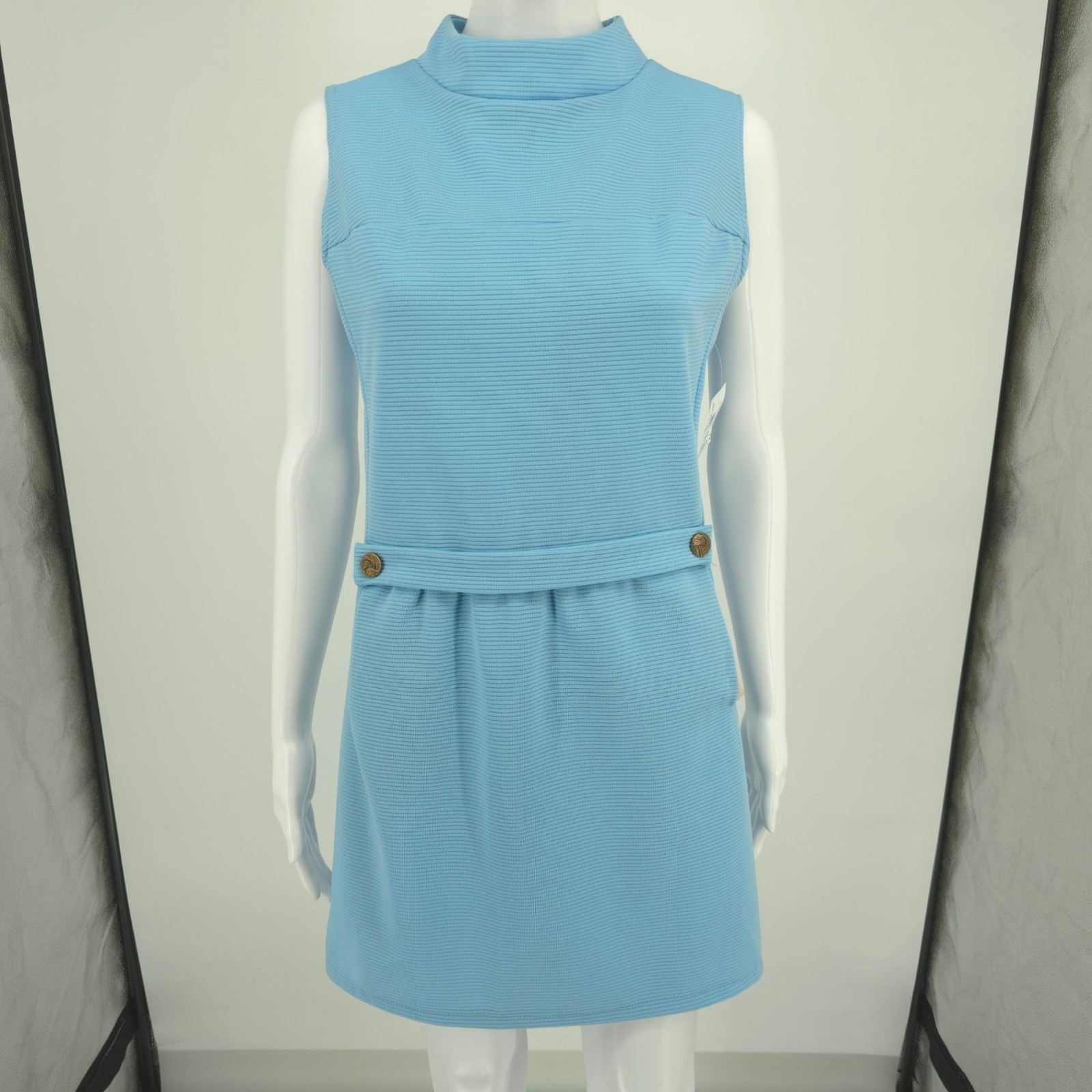 Vintage 1960s Blue Dacron Ribbed Knit Sleeveless Mock Neck Mod Mini Dress (M)