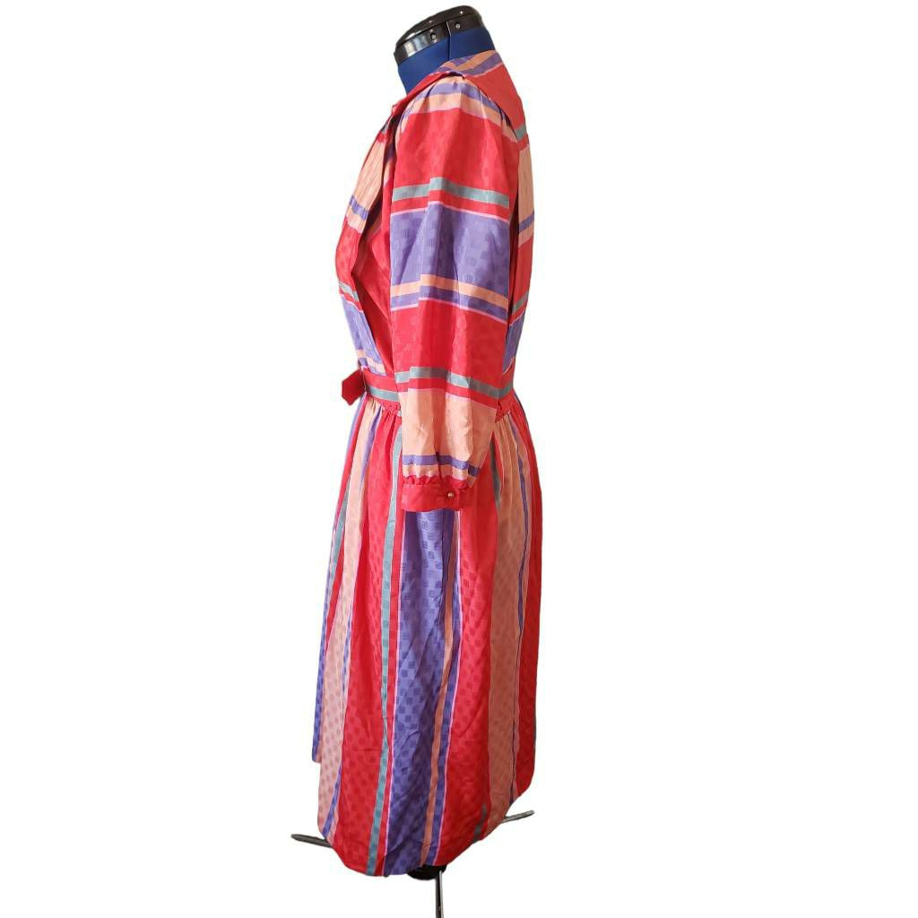 Jackie Taub Womens Dress Multicolor Striped Belted Midi 3/4 Sleeve size 14 AA178