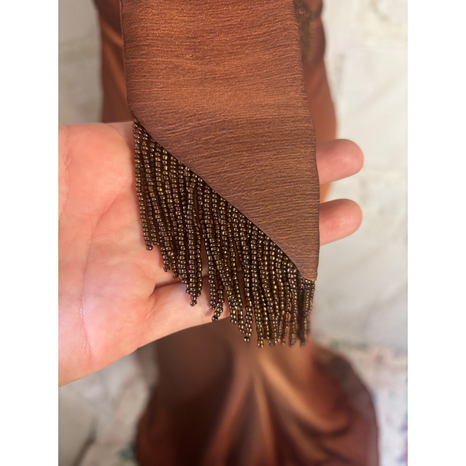 VTG Brown Copper Ombre Plunge Neck Halter Beaded Floor Length Gown Size XS