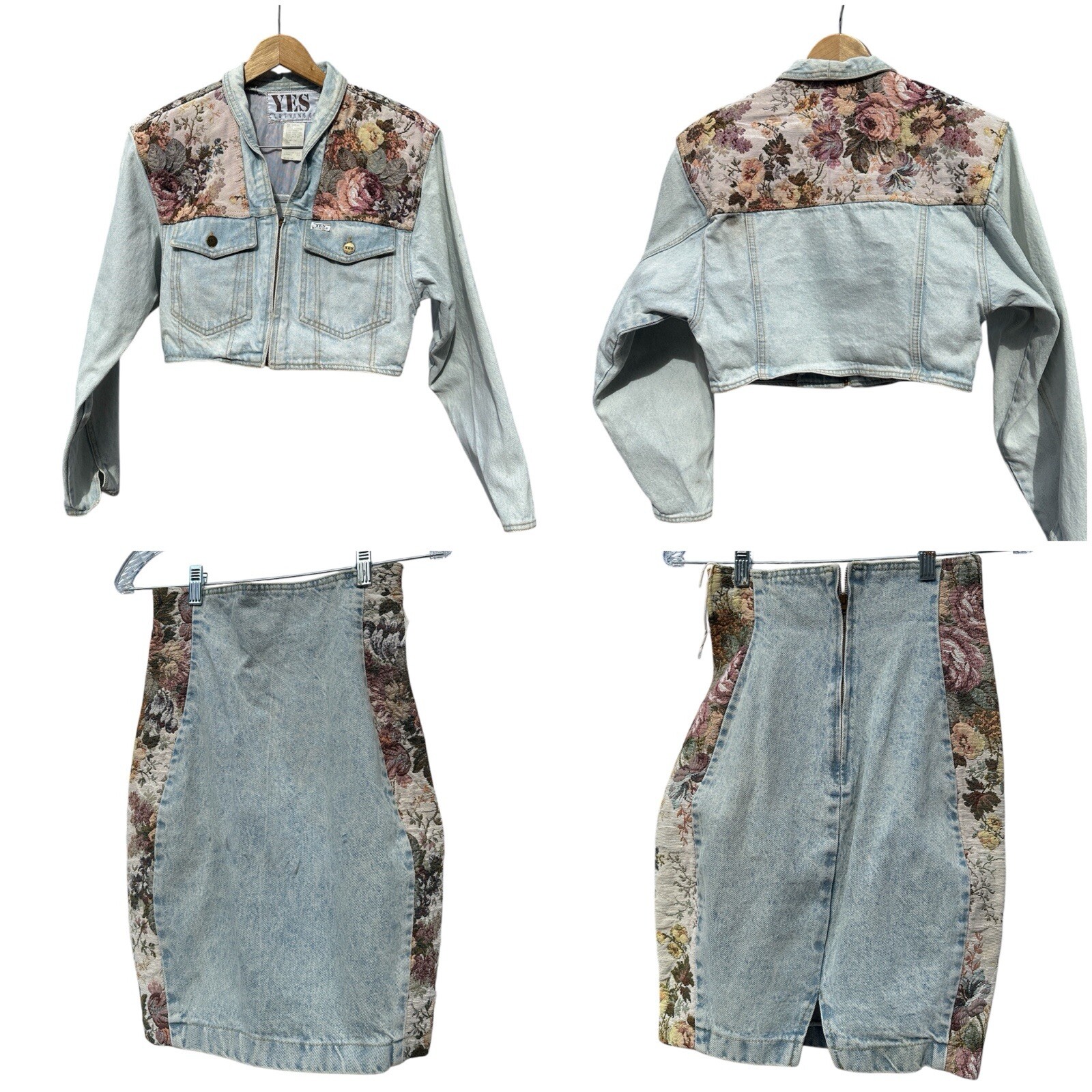 1990s, Vintage Denim Jacket Skirt Set, Cropped Tapestry Floral, YES Brand, Small