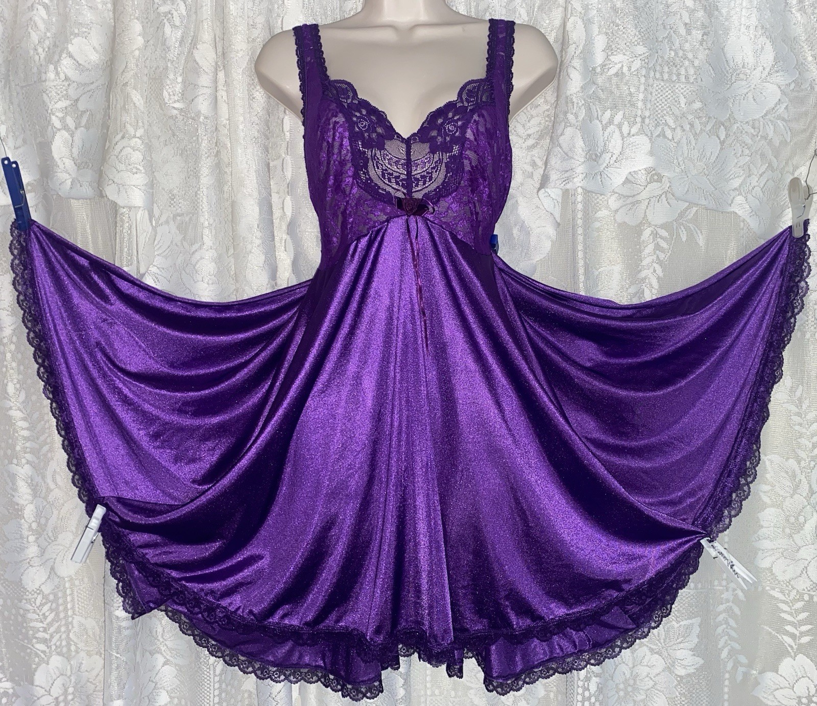 VTG 3X PURPLE Lace Top FULLEST X SILKY SOFT NYLON BABYDOLL Nightie Nightgown