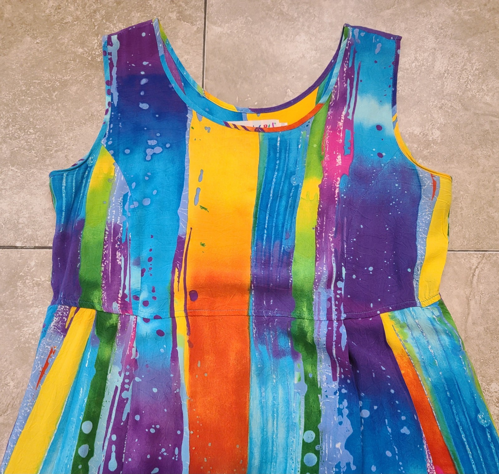 VTG Jams World Rayon Rainbow « Waterfall » Midi Summer Dress Women&rsquo;s M Pockets!