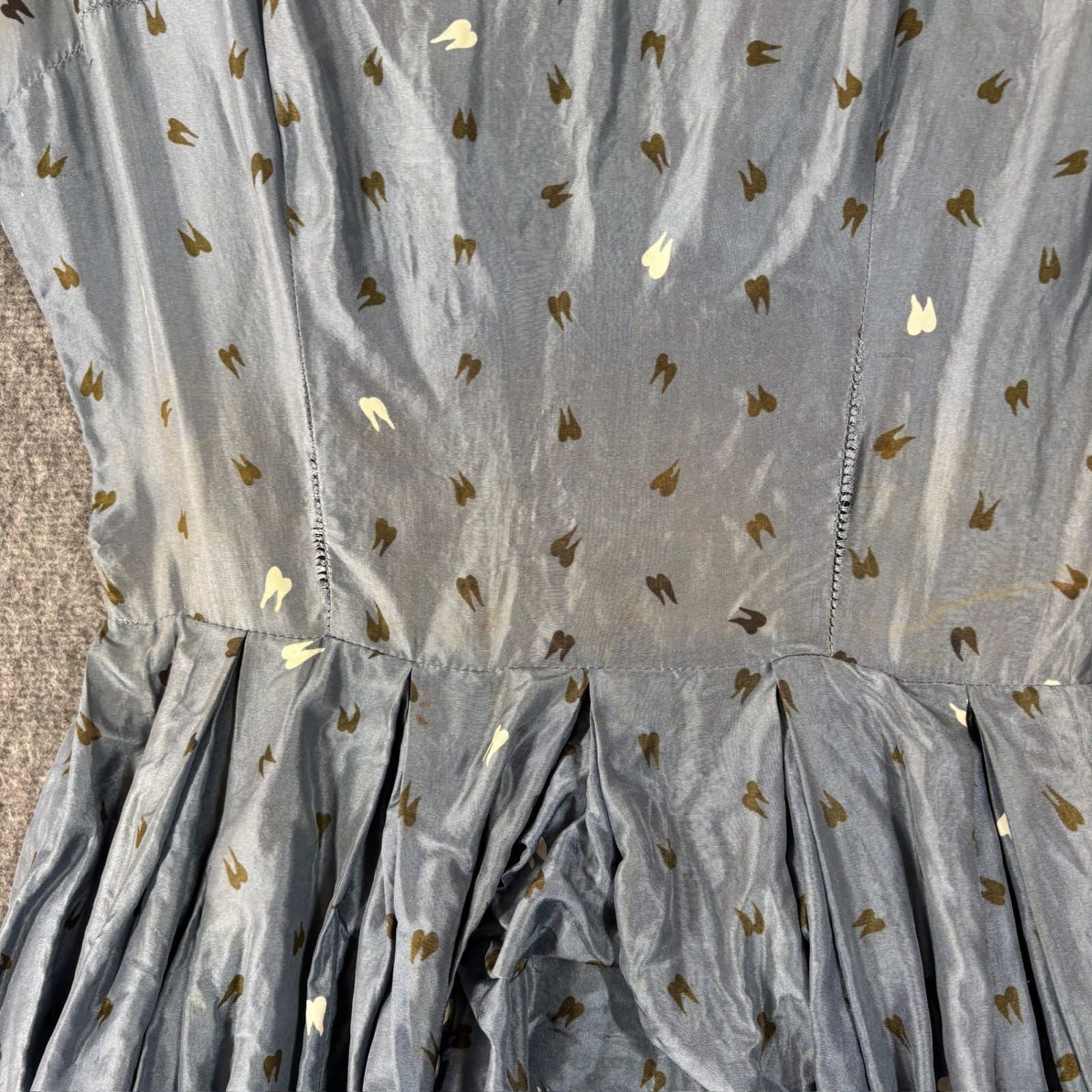 Vintage 50s Fit Flare Novelty Print Dress Blue Grey Silk Study Restoration Piece