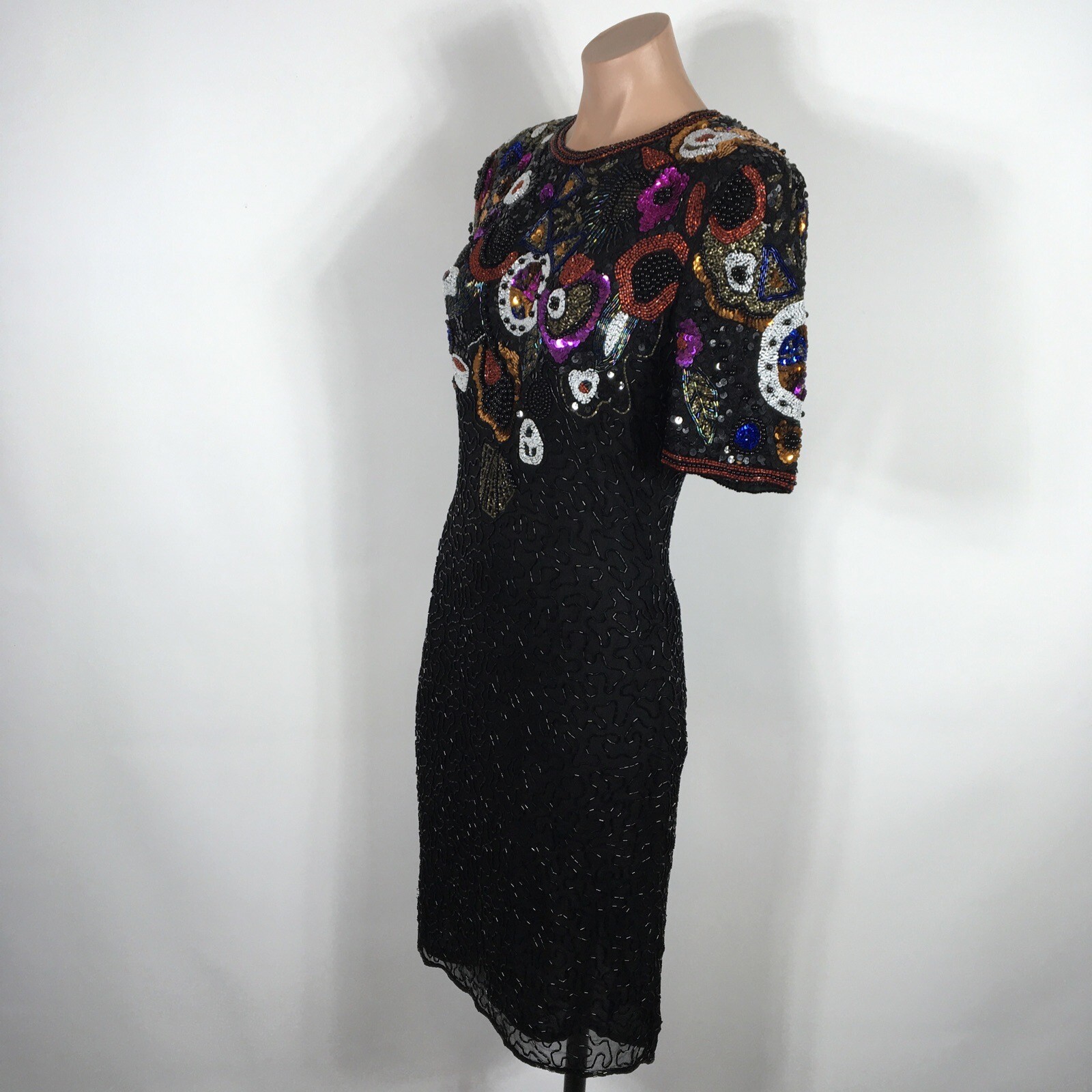 Vtg 80s Black Floral Silk Sequin Beaded Cocktail Party Gown Glam Dress P S EUC
