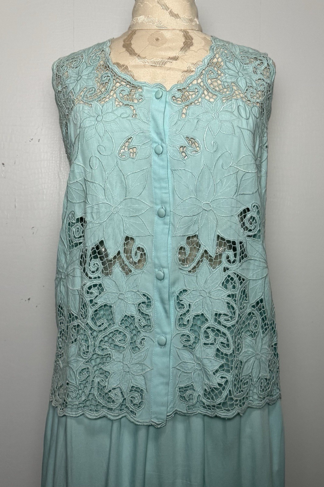 Vintage Aqua Blue Cutwork Lace 2 Pc Dress Set Boho Resort Maxi M