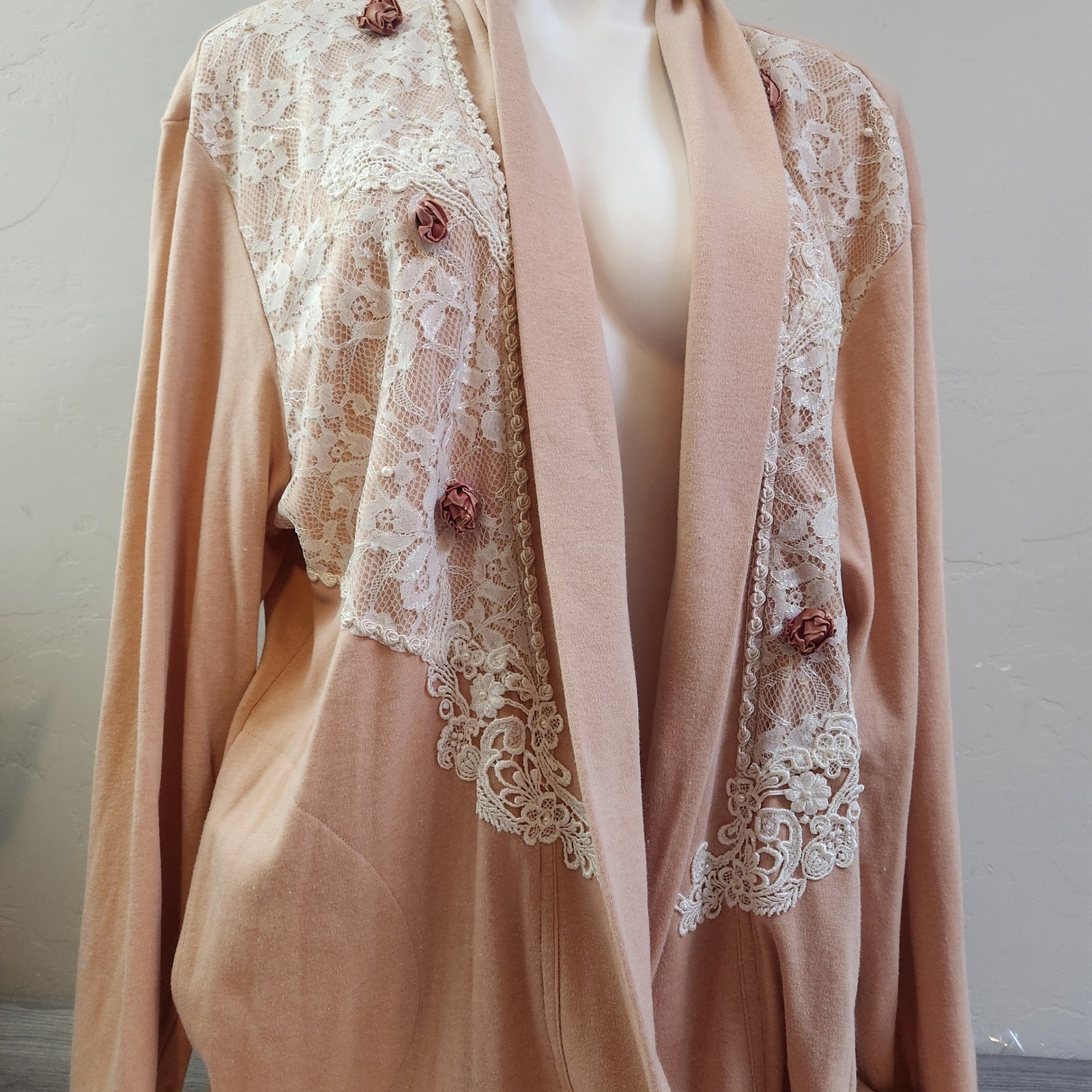 Vintage Lacy Afternoon Shell Kepler Lace Rosette Cardigan Peach Plus Size 1X