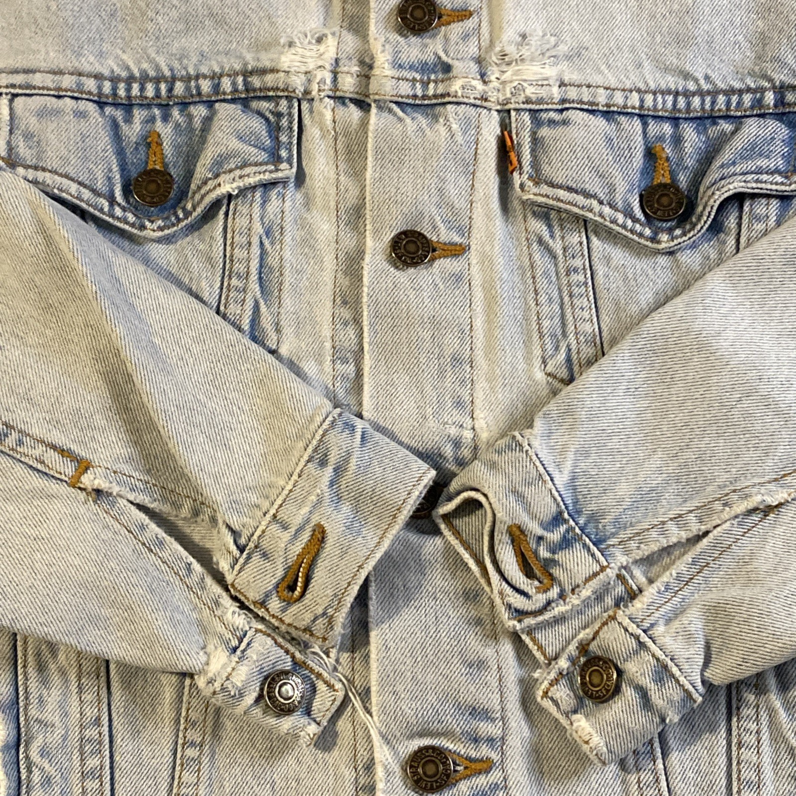 VTG Levis Orange Tab Trucker Jean Jacket 90’s Medium 12/14 Destroyed 57507 USA