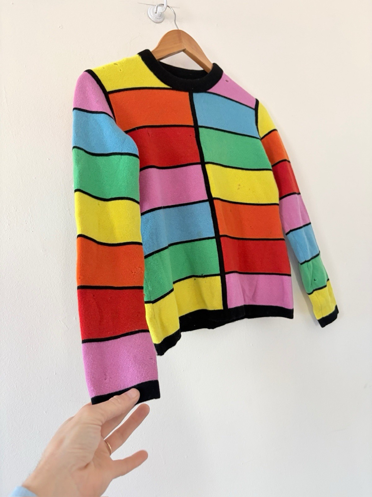 1960s Mod Geometric Color-Block Day Glo/Rainbow Wool Crewneck Sweater AS IS