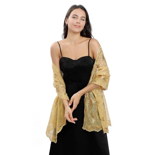 Women shawls and wraps for evening dresses, Sequin Sheer Lace Champagne Gold