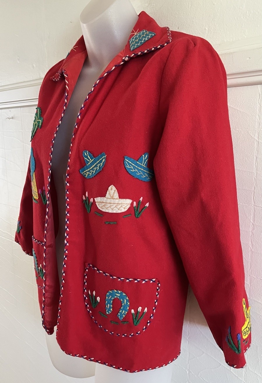 Vtg LOPEZ 1940s Mexican Wool Embroidered Tourist Jacket Bright Red-Sz XS EUC!