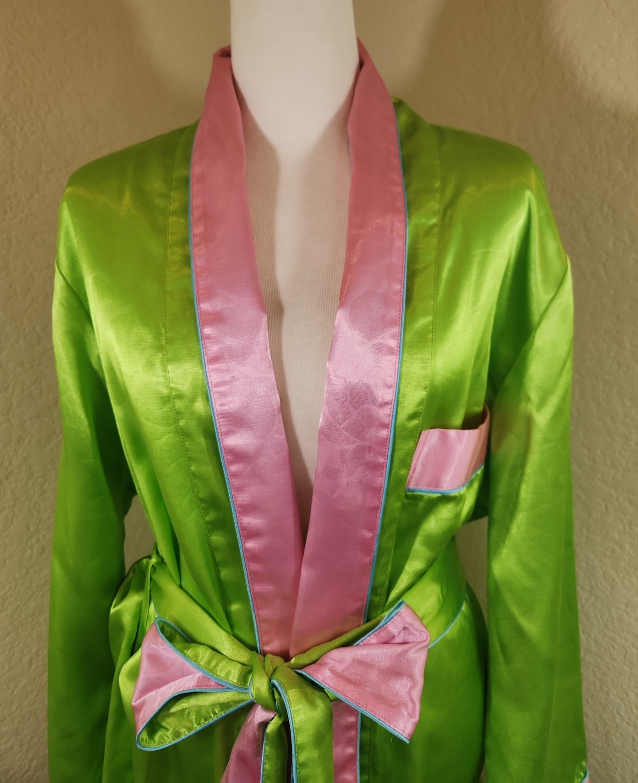 Fernando Sanchez Polyester/Cotton Short Robe Lounger Size S Green Pink