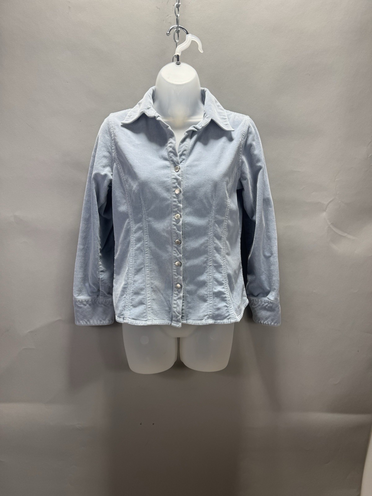 Womens Small Light Blue Stretch Corduroy Snap Front Shirt Jacket Fitted Western