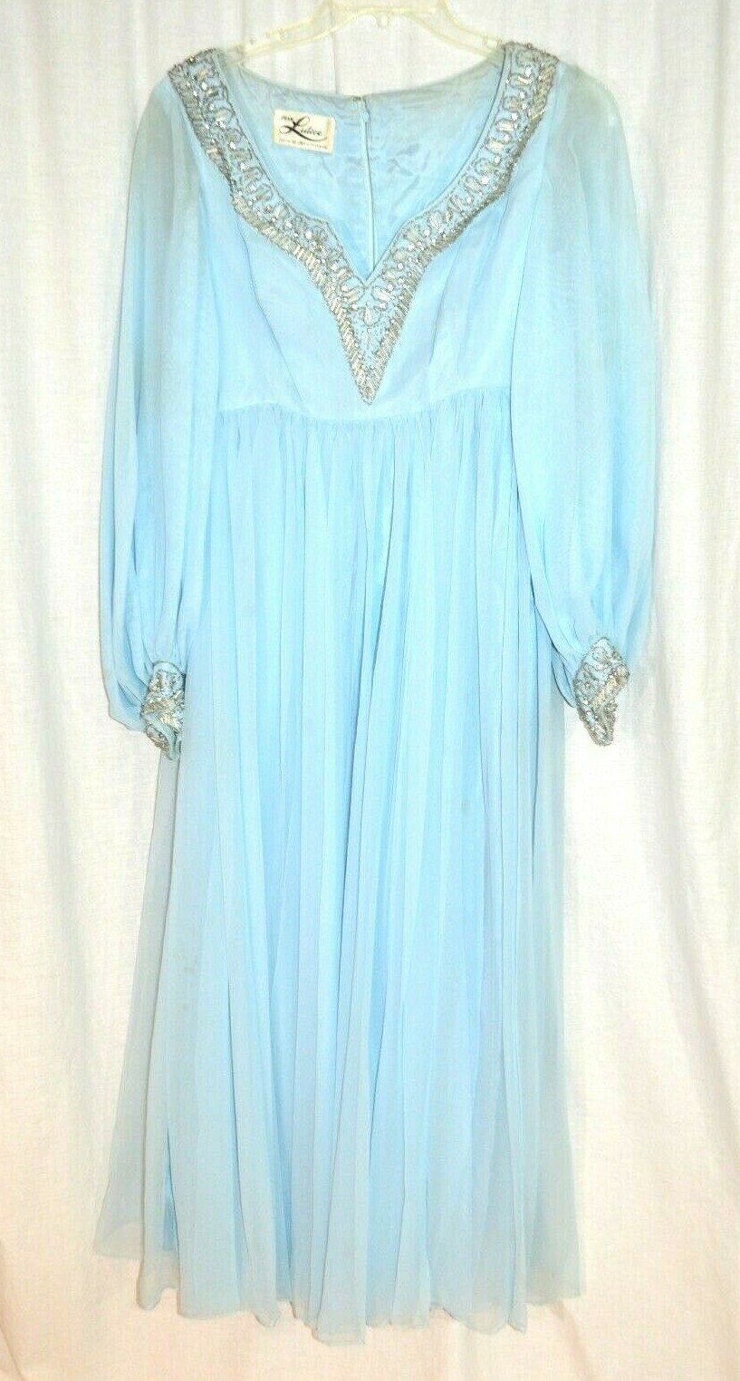 Jean Lutece 1960s Blue Chiffon Dress Heavy Beading Rhinestones Custom Cocktail M