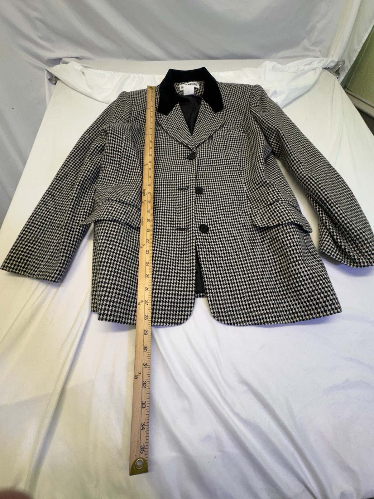 Vintage White Stag houndstooth blazer 12 velvet collar single button Wool 80s Us