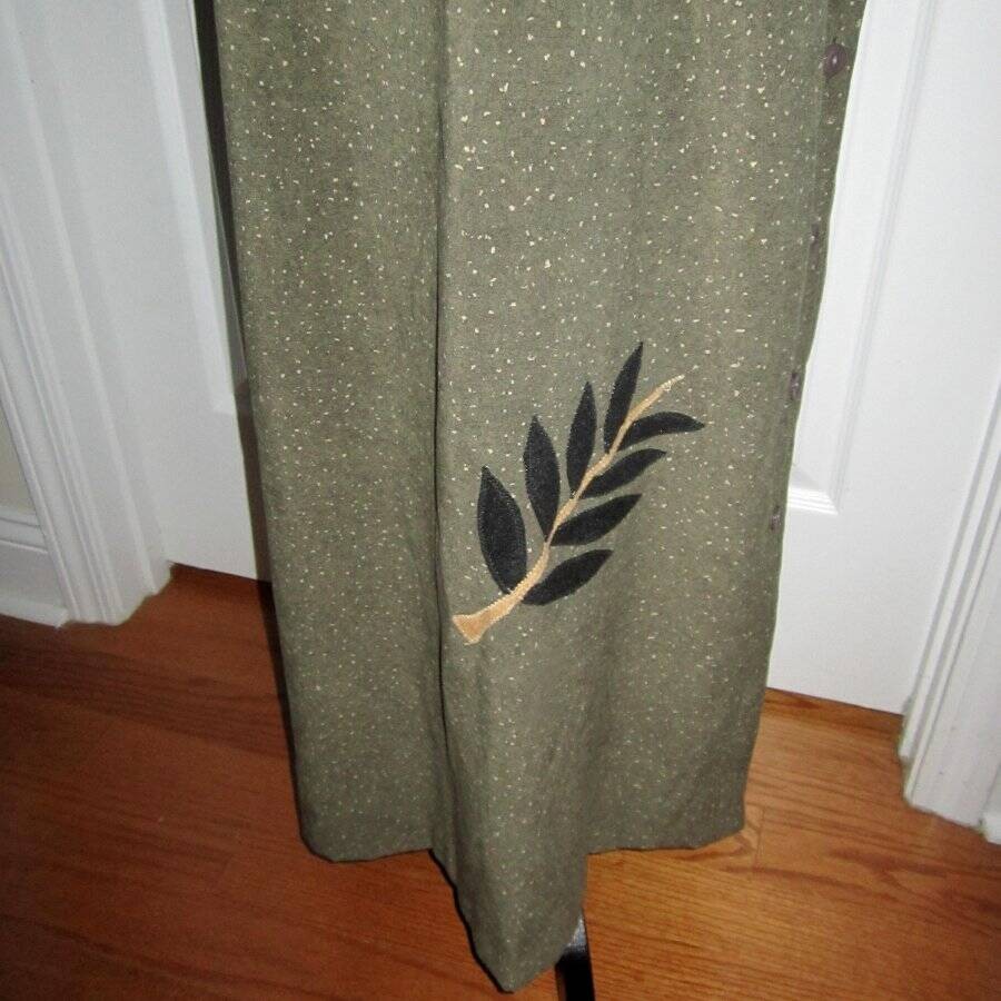 Vintage Beverly’s Olive Green Leaf Applique Maxi Dress 90s Cottagecore Artsy S