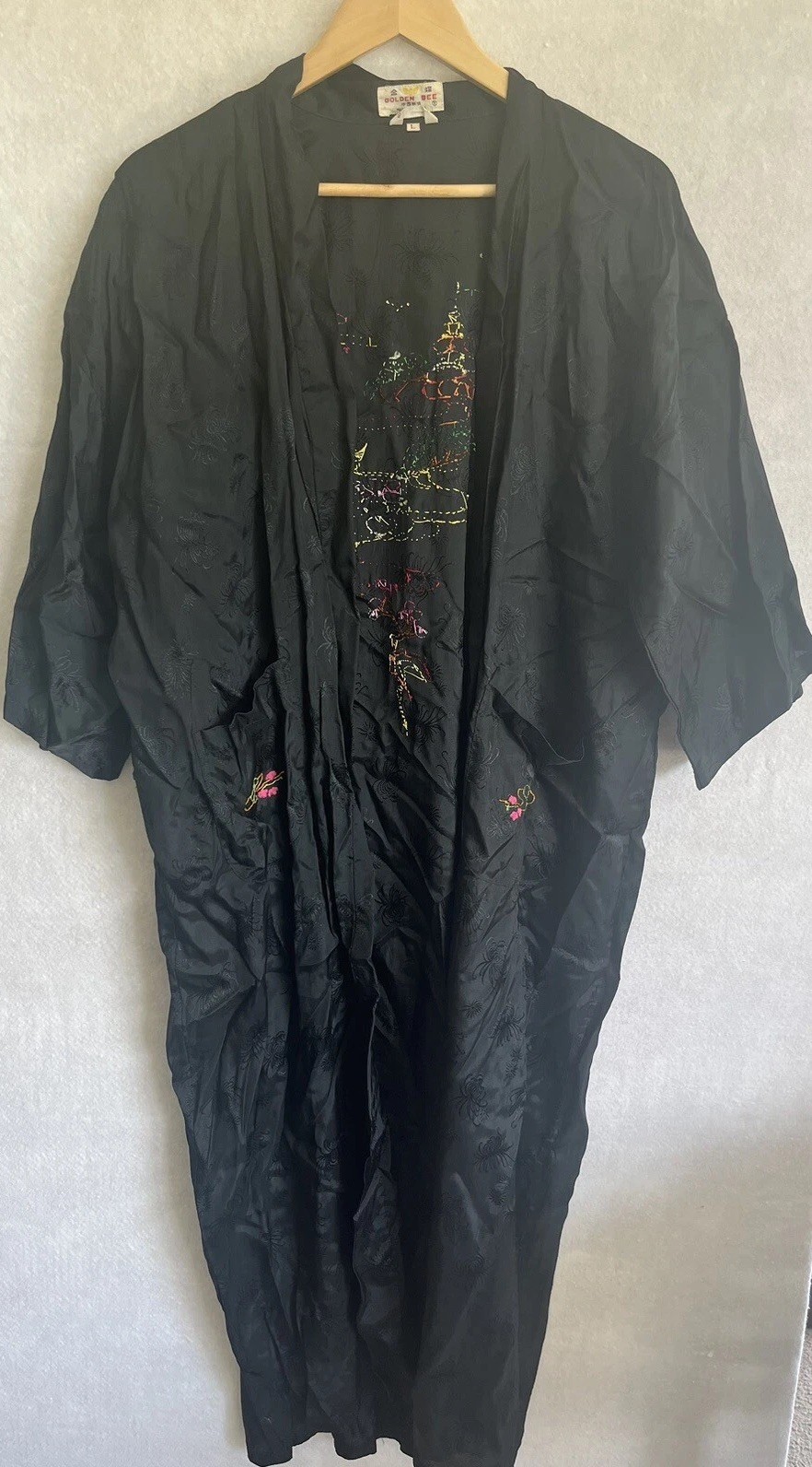 Vintage Kimono Robe Womens Large L Black Embroidered Chinese Golden Bee No Belt