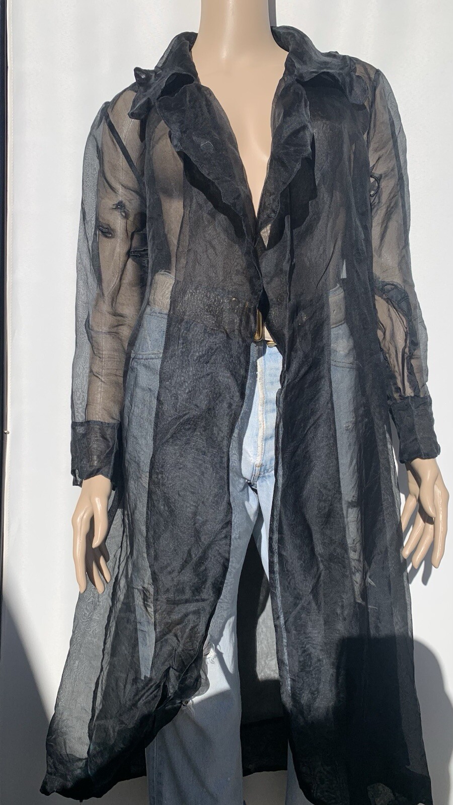 Repaired Vintage Designer Elan Vitale Avant Garde Sheer Black Rayon Duster Coat