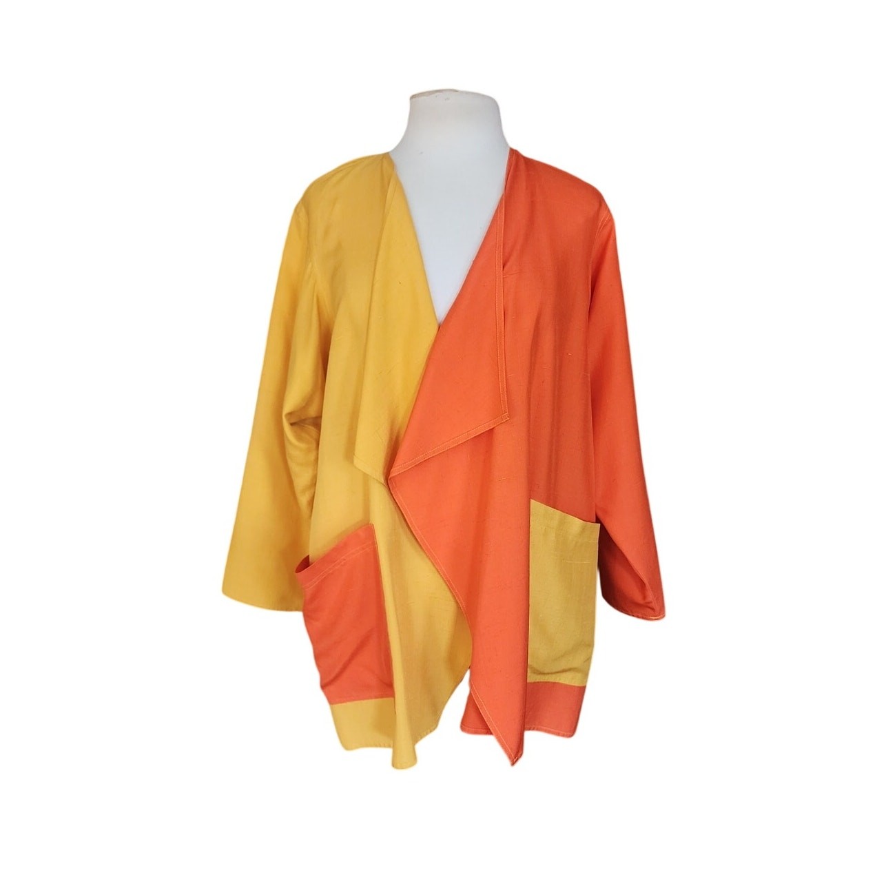 VTG 90s Duster Jacket Silk Yellow Orange Colorblock Blazer Victoria March