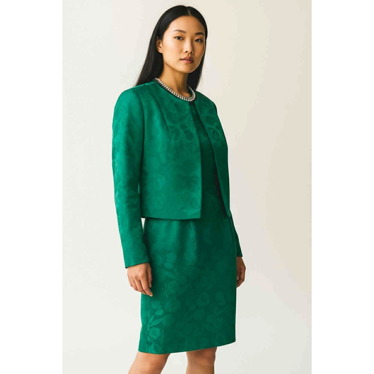 Vintage 1960s Emerald Satin Brocade 2-Piece Dress & Jacket Set Suit No Label S/M