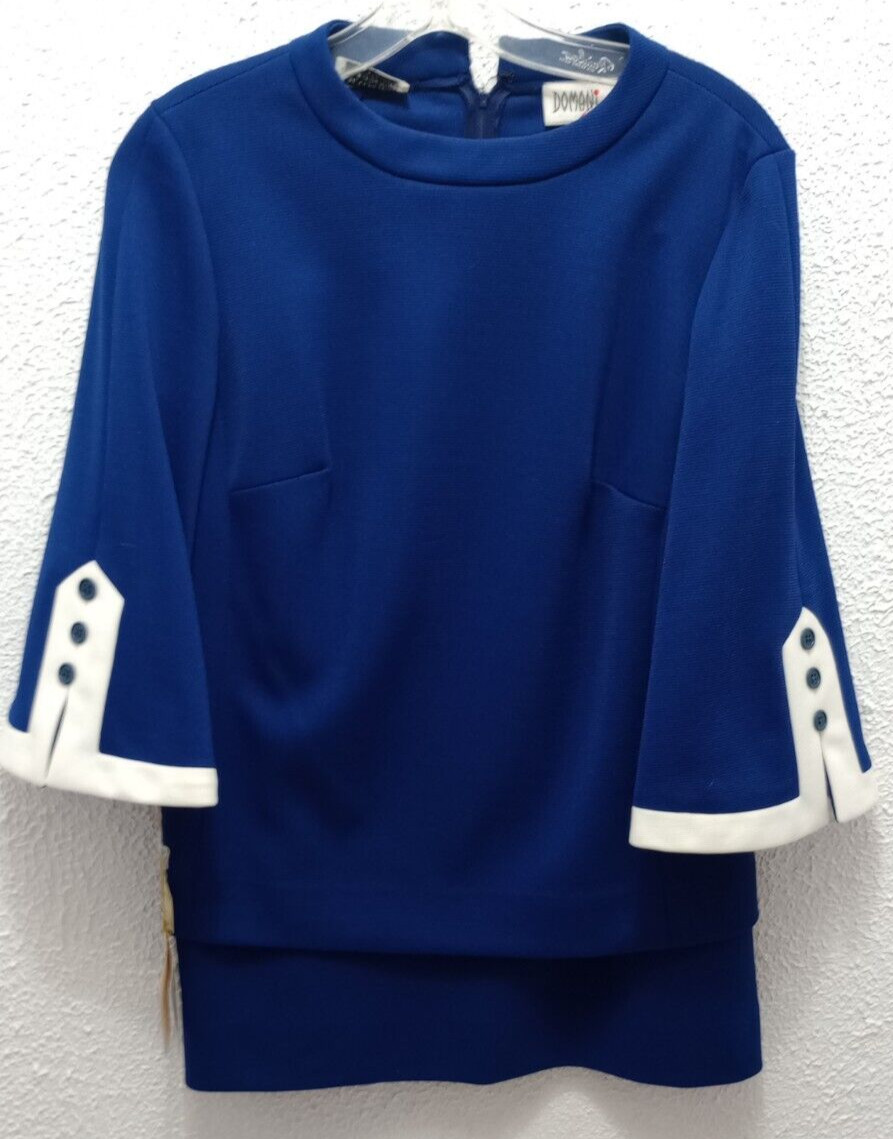 True Vintage 1960&rsquo;s Domani Knits 2 piece Shirt skirt Polyester Blue white