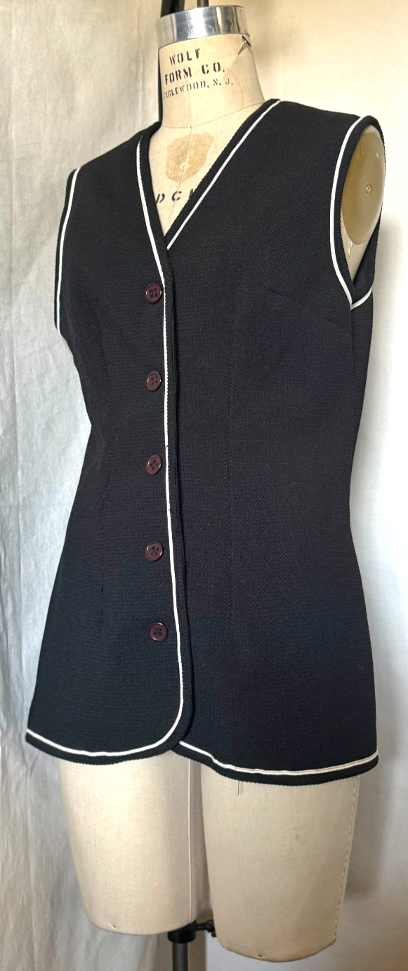 1970s Women&rsquo;s DOUBLE KNIT VEST, Black w/ White piping, by RUSS TOGS, TAILORED