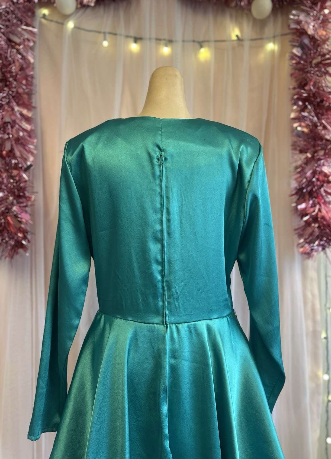 Vintage 80s Green Liquid Satin Peplum Dress New Wave V Neck Cocktail L