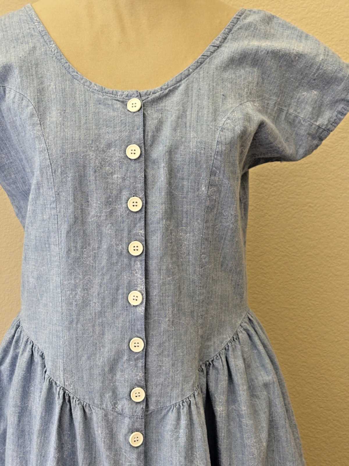 Vintage 80s Chandni Chambray Dress M 100% Cotton Pockets Midi Prarie Western