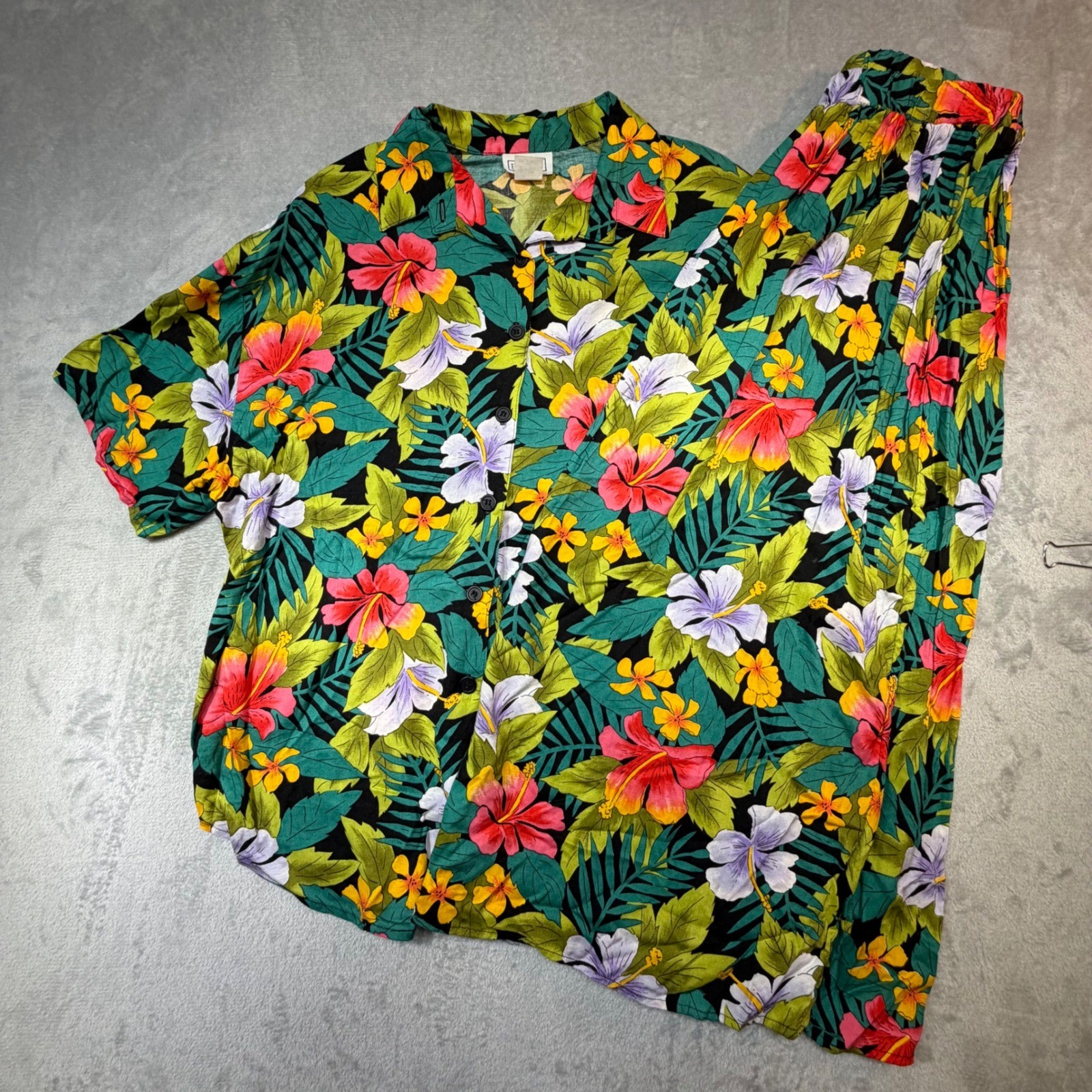 Vintage Profiles Tropical Floral 2 Piece Set L/M Rayon Green Hibiscus 90s
