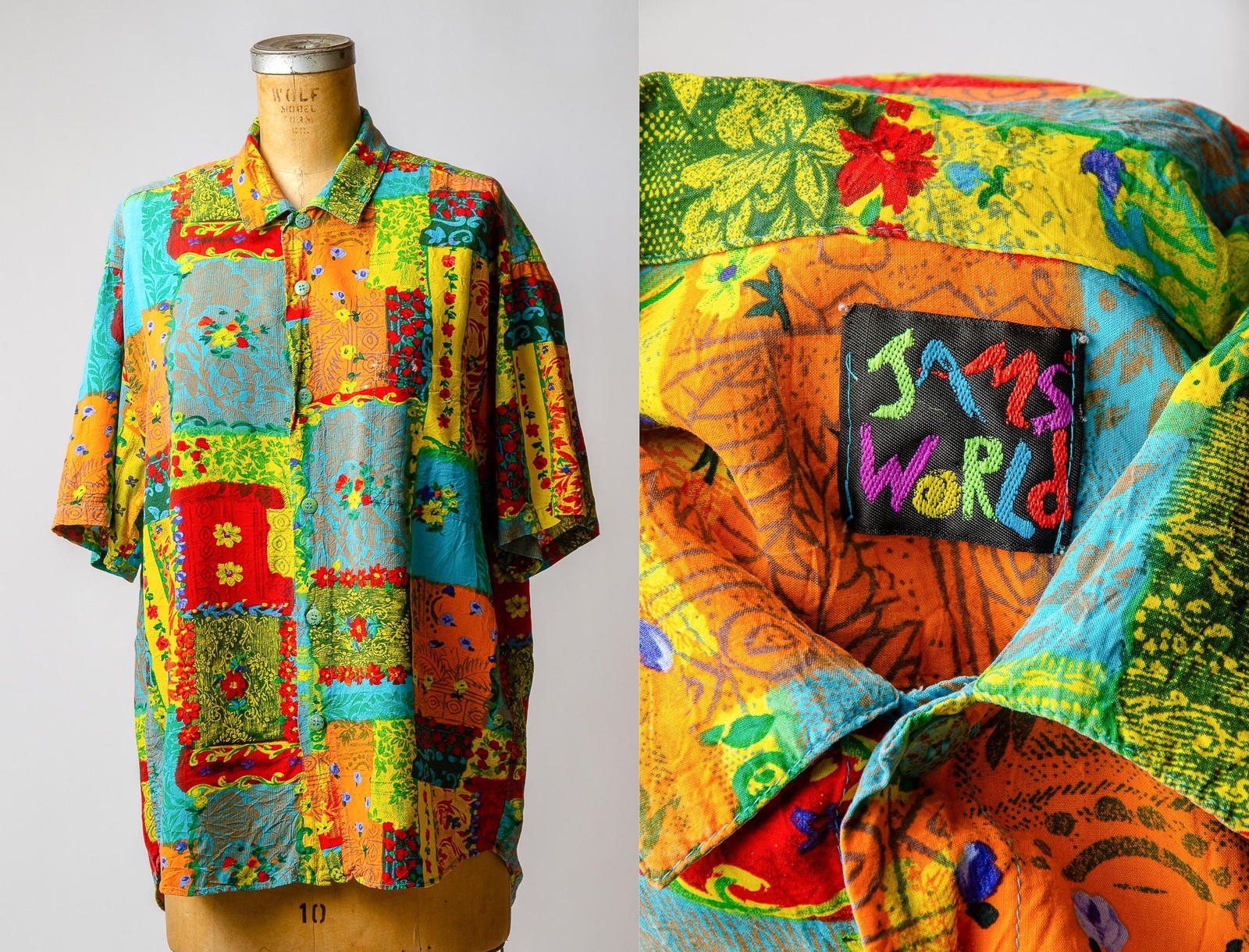 1980s Jams World Paint Brush Flowers Patchwork Rayon Button Down Shirt