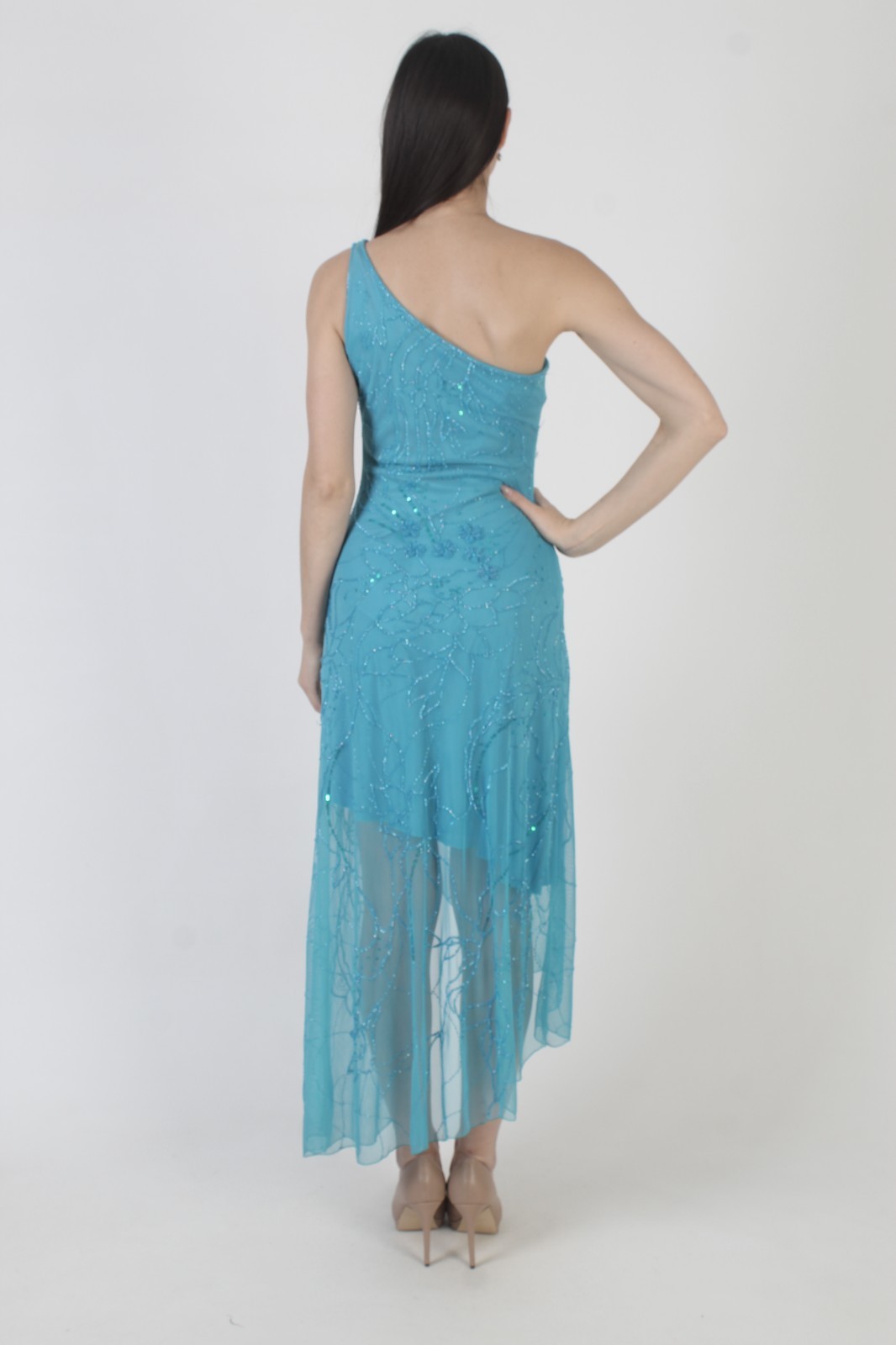 Cache One Shoulder Beaded Dress Vtg Y2K Asymmetrical Hi Low Cocktail Prom Gown S