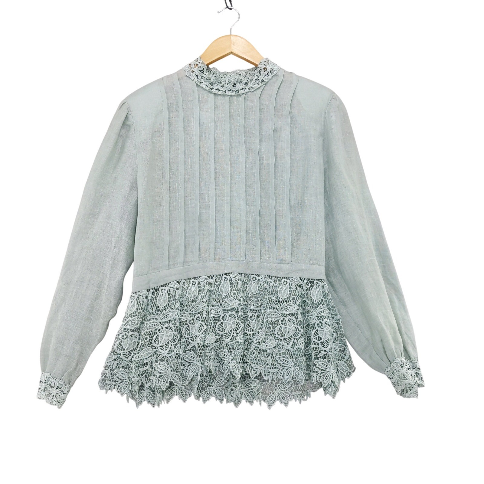 Vintage Cloak of Many Colors Blouse 16 Sage Green Linen Lace Pleated Peplum