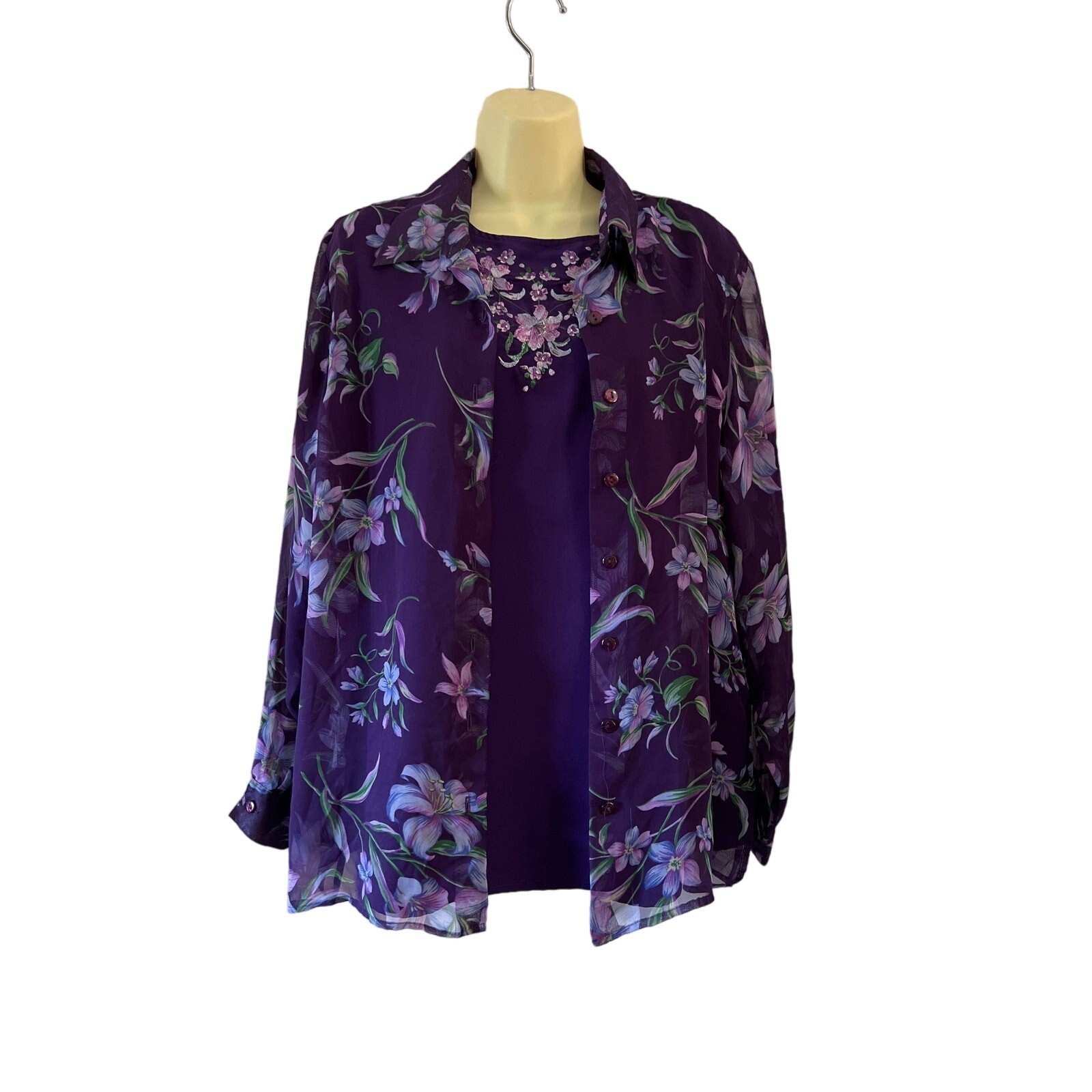 Bon Worth Vintage 2Piece Blouse Women&rsquo;s Medium Purple Floral Print Chiffon